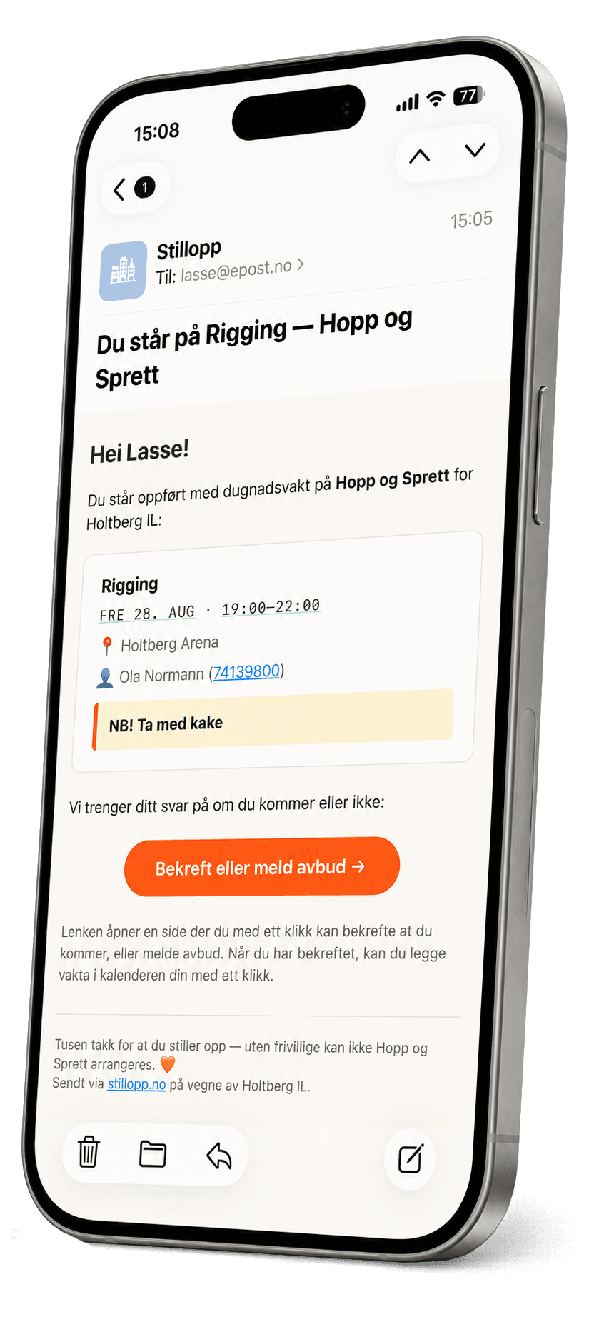 Mobil som viser bekreftelses-e-posten fra Stillopp: «Du står på Rigging – Hopp og Sprett», med tid og sted, hvem som er ansvarlig, og en knapp for å bekrefte eller melde avbud.